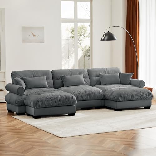 130" Modular Sectional Sofa with Movable Ottoman, Velvet Upholstered, Green Y4976