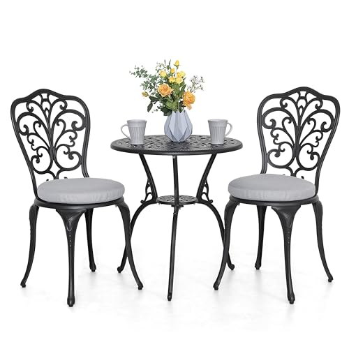 NUU GARDEN 3 Piece Cast Aluminum Bistro Set with Umbrella Hole, Black N80118