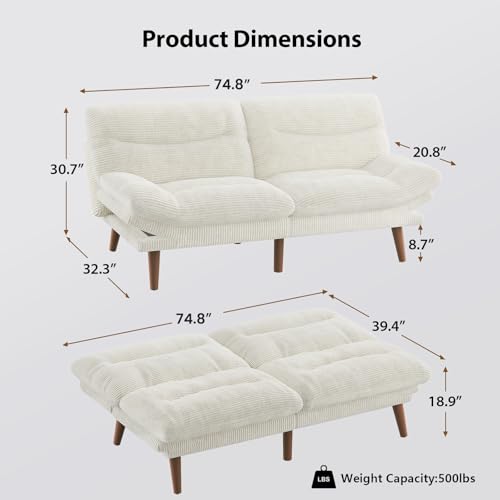Pipishell Convertible Futon Sofa Bed, 66" Corduroy, Grey L81220
