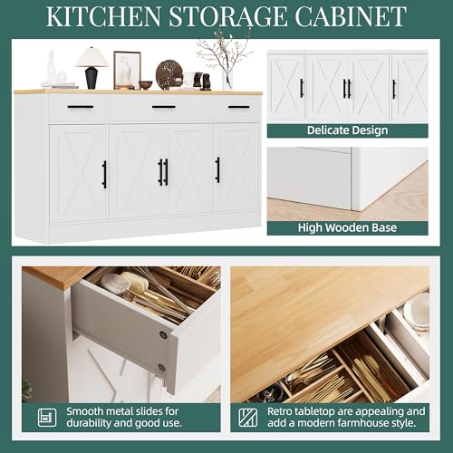 Shintenchi Buffet Cabinet with Storage, 53.4" White Farmhouse Sideboard D4274