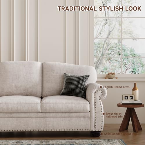90 Inch Nailhead Trim Chenille Sofa for Living Room, Beige L968714