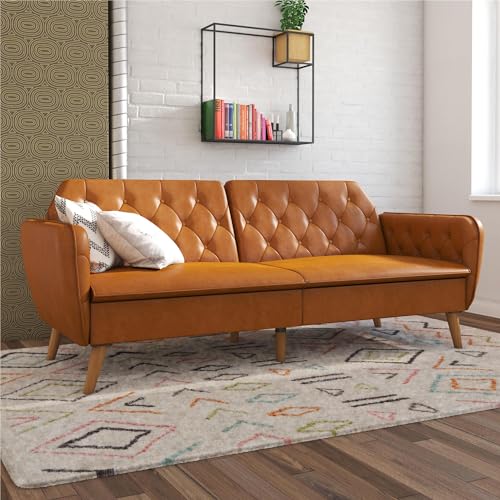 Novogratz Tallulah Memory Foam Futon Convertible Couch, Camel Faux Leather F5939