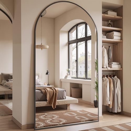 78" Oversized Arched Floor Mirror with Stand, Aluminum Frame, Black N18643