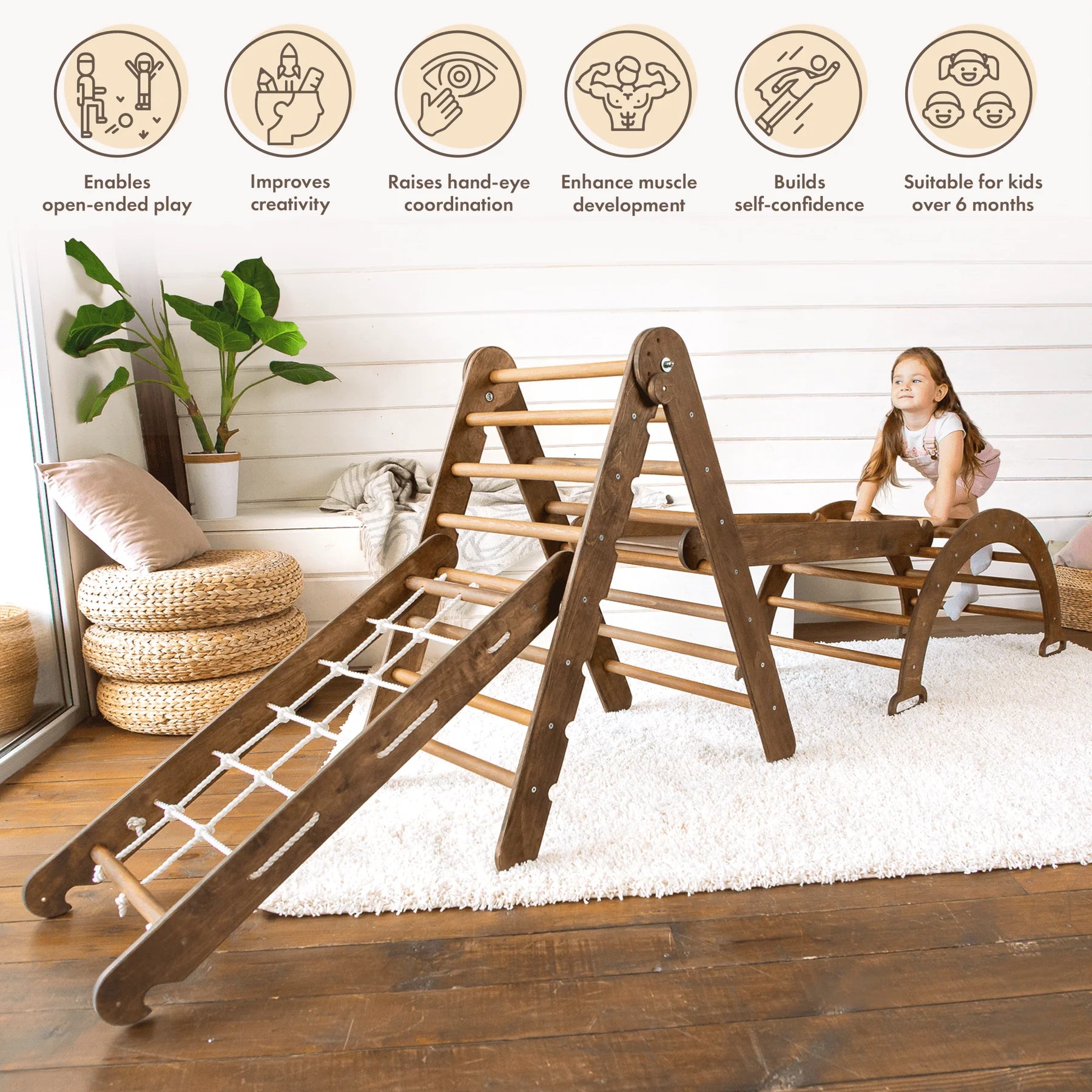 Montessori Wooden Foldable Indoor Playground with Climbing Arch, Slide Board & Spider Net for Kids K504037