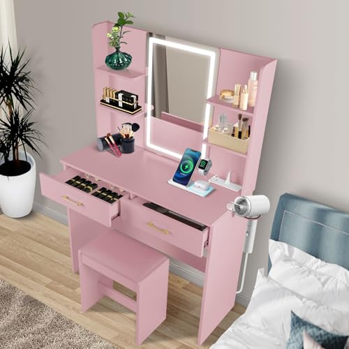 White Vanity Set with Lighted Mirror, Drawers and Stool V52922