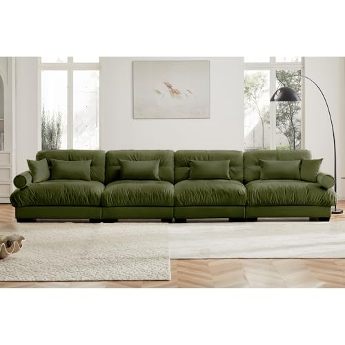 130" Modular Sectional Sofa with Movable Ottoman, Velvet Upholstered, Green Y4976