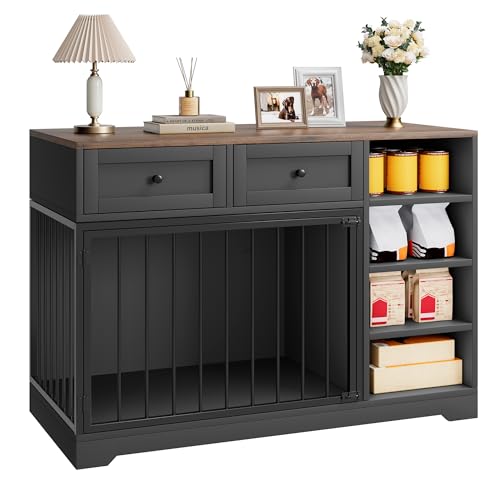 IDEALHOUSE 47" Large Dog Crate Furniture with 2 Drawers, Wooden Kennel for Medium Large Dogs, Black W8906
