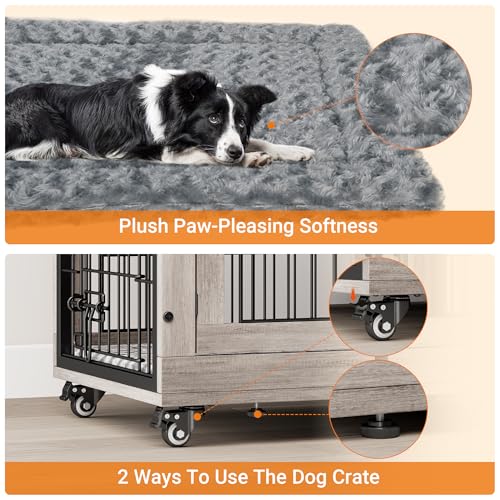 Lulive Dog Crate Furniture for Medium Dogs, 32" Wooden Kennel with Cushion & Wheels, Grey D230281