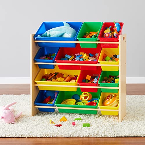 Amazon Basics Kids Toy Storage Organizer with 12 Plastic Bins, White and Pink E133327