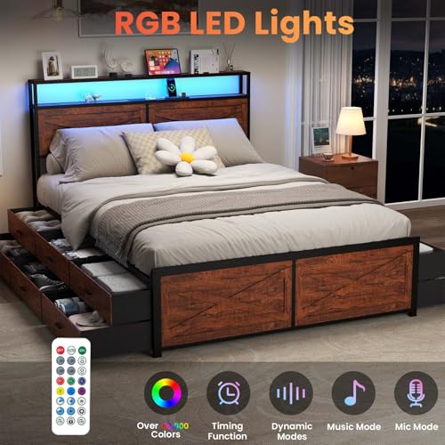 Full Size Bed Frame with Headboard, LED Lights, 4 Storage Drawers, Charging Station, Black C93321