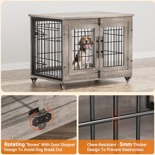 Lulive Dog Crate Furniture for Medium Dogs, 32" Wooden Kennel with Cushion & Wheels, Grey D230281