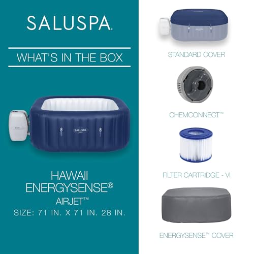 Bestway SaluSpa Hawaii AirJet 4-6 Person Inflatable Hot Tub Square Portable Outdoor Spa with EnergySense Cover N194