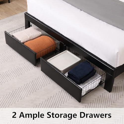 Queen Bed Frame with Headboard & Charging Station, Upholstered, 2 Storage Drawers, White T9445