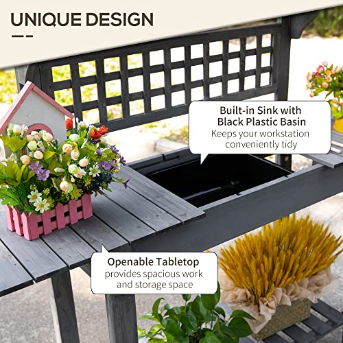 Outsunny Wooden Potting Bench Table with Sliding Tabletop and Storage Shelf M52235