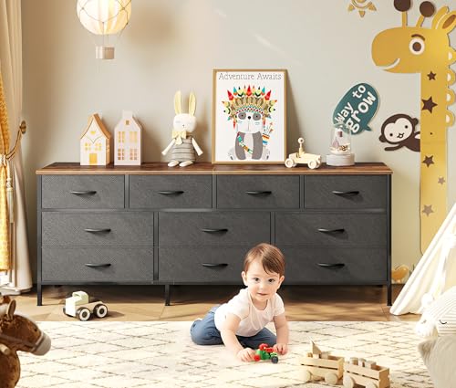 Huuger 63 Inch Dresser with 10 Fabric Drawers, Rustic Brown M836