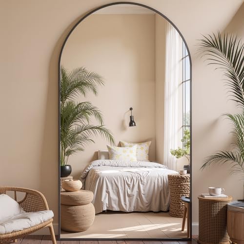 78" Oversized Arched Floor Mirror with Stand, Aluminum Frame, Black N18643