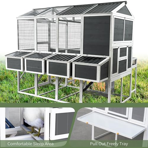 Wooden Chicken Coop with Run – 3-Tier Walk-in Poultry House for 8-10 Chickens, Gray A87110
