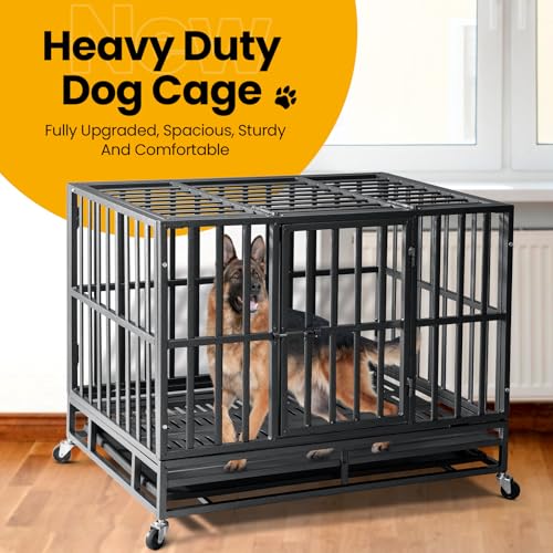 Oranland 48 inch Heavy Duty Dog Crate for Large Dogs, Double Door with Wheels J273901