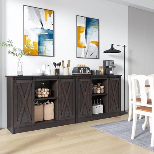 4 EVER WINNER Coffee Bar Cabinet with Sliding Barn Doors, 42" Sideboard Buffet, Espresso O37010