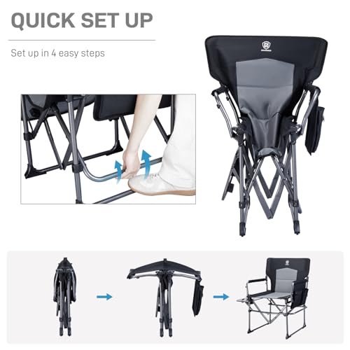 EVER ADVANCED Camping Directors Chair with Side Table, Portable Folding, Heavy Duty, Black T488