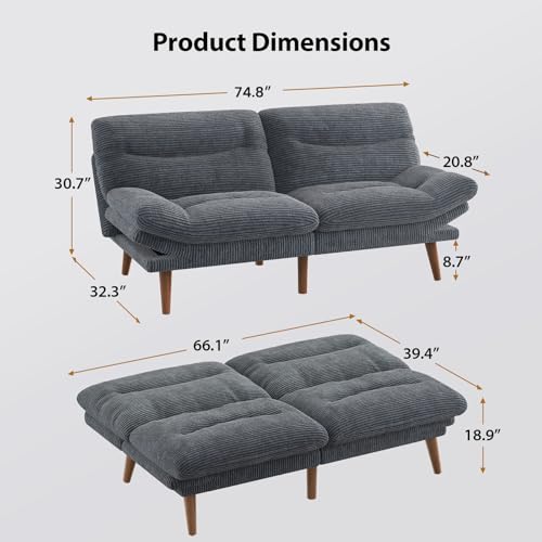 Pipishell Convertible Futon Sofa Bed, 66" Corduroy, Grey L81220