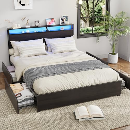 Full Size Bed Frame with Headboard, LED Lights, 4 Storage Drawers, Charging Station, Black C93321