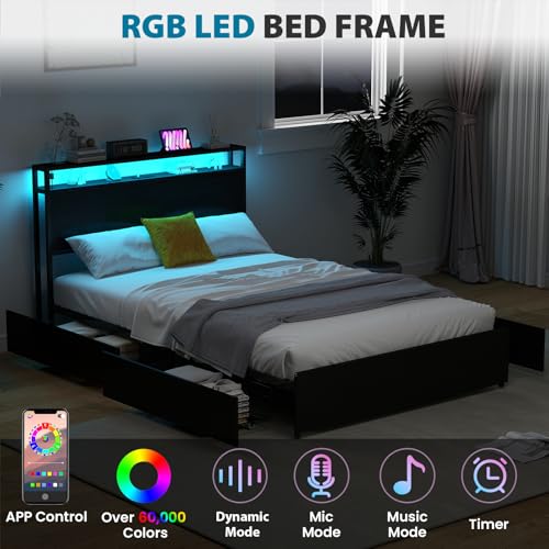 Full Size Bed Frame with Headboard, LED Lights, 4 Storage Drawers, Charging Station, Black C93321