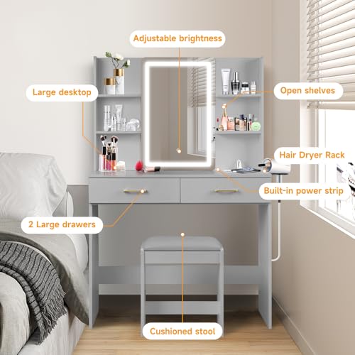 White Vanity Set with Lighted Mirror, Drawers and Stool V52922