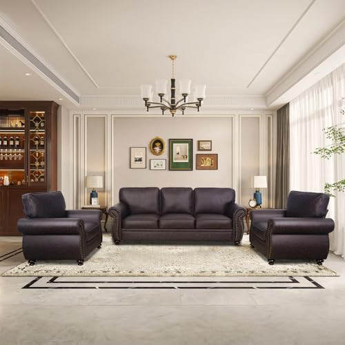 Mid-Century 3-Seater Sofa with Rivet Design, Removable Cover and Solid Wood Frame I150