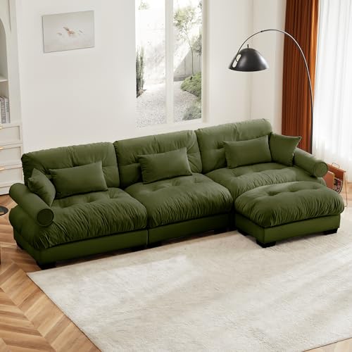 130" Modular Sectional Sofa with Movable Ottoman, Velvet Upholstered, Green Y4976