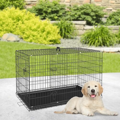 BestPet 42 Inch Folding Metal Wire Dog Crate with Double-Door and Removable Tray O49217