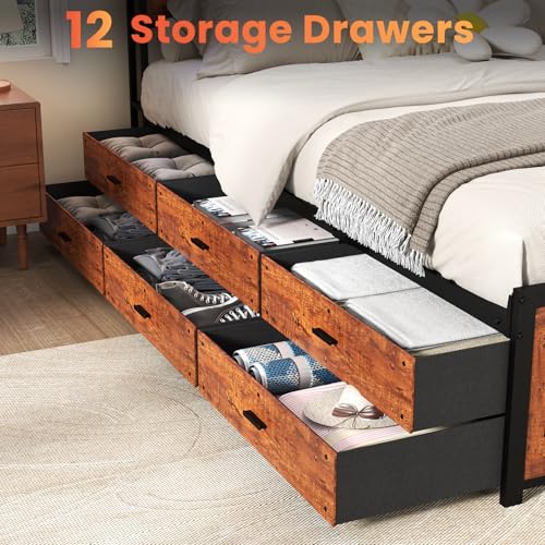 Full Size Bed Frame with Headboard, LED Lights, 4 Storage Drawers, Charging Station, Black C93321