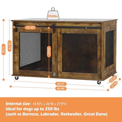 LINLUX 47 Inch XL Wooden Dog Crate Furniture with Sliding Doors and Wheels V980