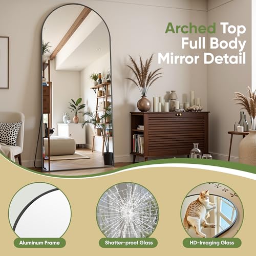 78" Oversized Arched Floor Mirror with Stand, Aluminum Frame, Black N18643