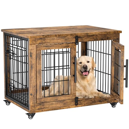 Lulive Dog Crate Furniture for Medium Dogs, 32" Wooden Kennel with Cushion & Wheels, Grey D230281