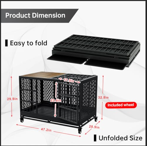 Heavy Duty Dog Crate with Wheels for Large Dogs, Folding Metal Cage with Removable Tray R395