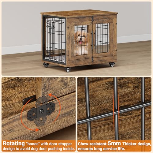 Lulive Dog Crate Furniture for Medium Dogs, 32" Wooden Kennel with Cushion & Wheels, Grey D230281