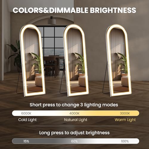 Arched Full Length Mirror with LED Lights, 60"x16" Floor Mirror with Stand T719302