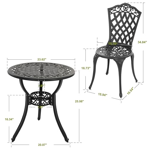 NUU GARDEN 3 Piece Cast Aluminum Bistro Set with Umbrella Hole, Black N80118