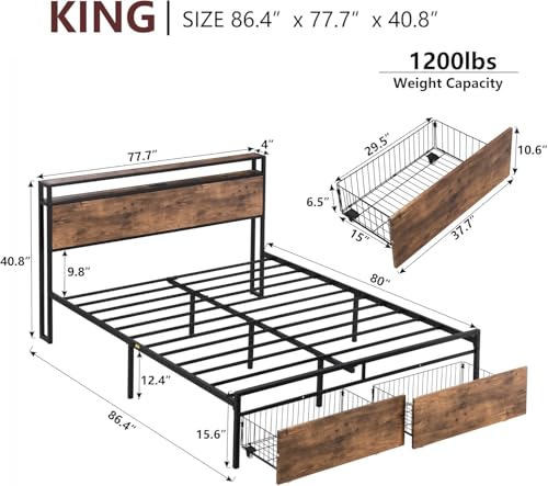 Queen Bed Frame with Headboard & Charging Station, Upholstered, 2 Storage Drawers, White T9445
