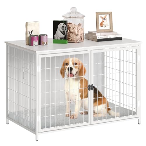 Wooden Dog Crate Furniture with Cushion, Double Doors, Greige X29262
