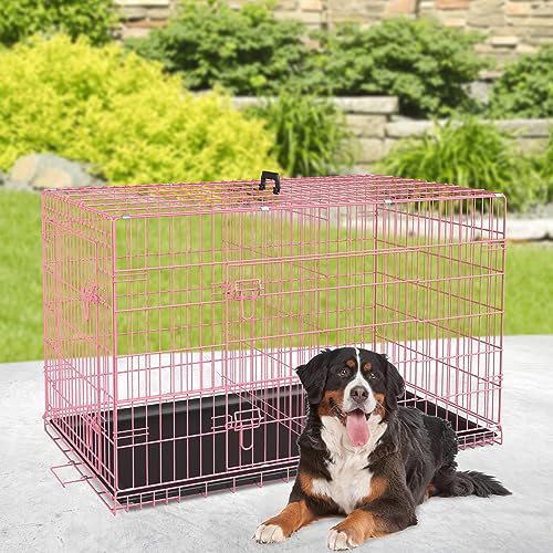 BestPet 42 Inch Folding Metal Wire Dog Crate with Double-Door and Removable Tray O49217