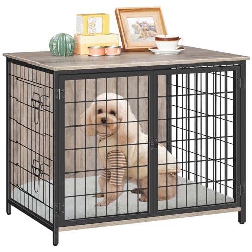 Wooden Dog Crate Furniture with Cushion, Double Doors, Greige X29262