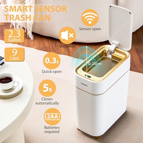 Pukomc Automatic Sensor Trash Can 2.3 Gallon Touchless Lid Quiet Close White Gold A928188