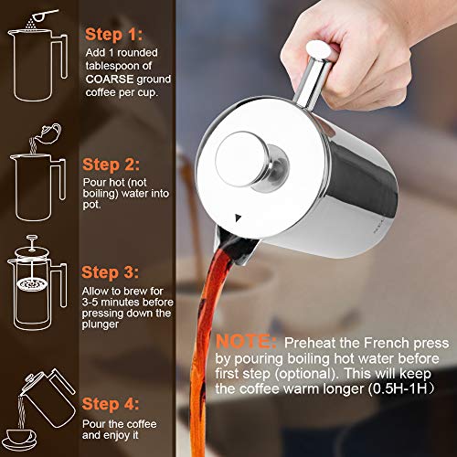 Secura French Press Coffee Maker, 34oz Stainless Steel Insulated, Silver W447