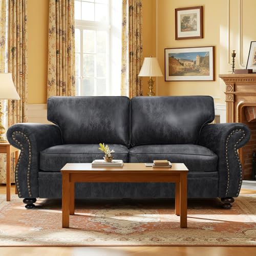 Mid-Century 3-Seater Sofa with Rivet Design, Removable Cover and Solid Wood Frame I150