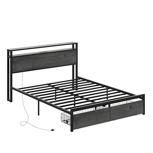 LIKIMIO King Bed Frame with Storage Headboard and Charging Station, Vintage Brown X317