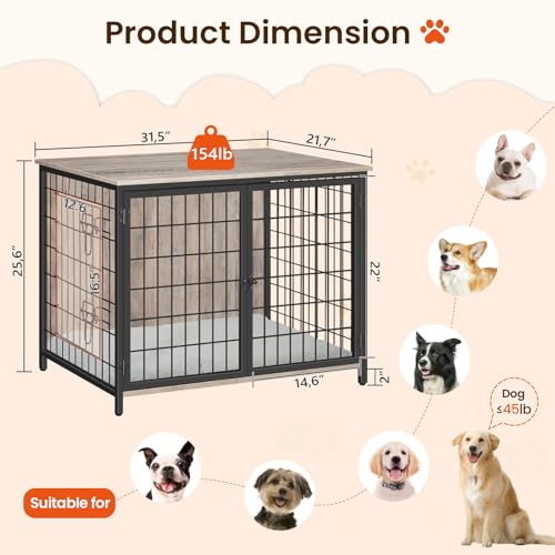 Wooden Dog Crate Furniture with Cushion, Double Doors, Greige X29262