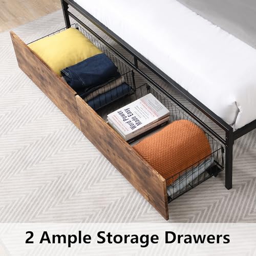 Queen Bed Frame with Headboard & Charging Station, Upholstered, 2 Storage Drawers, White T9445