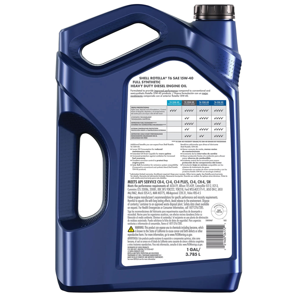 Shell Rotella T6 Full Synthetic 15W-40 Diesel Engine Oil 1 Gallon O565
